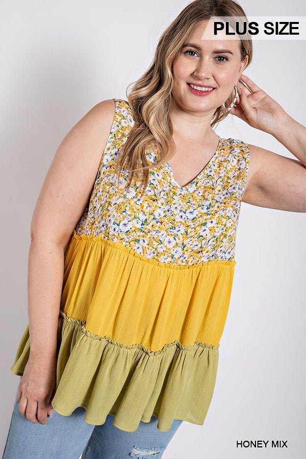 Floral Color Block Ruffle Detail Tiered V-neck Top - Passion 4 Fashion USA