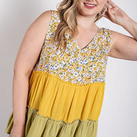 Floral Color Block Ruffle Detail Tiered V-neck Top - Passion 4 Fashion USA