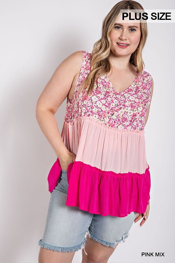 Floral Color Block Ruffle Detail Tiered V-neck Top - Passion 4 Fashion USA