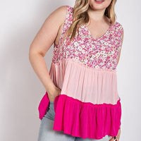 Floral Color Block Ruffle Detail Tiered V-neck Top - Passion 4 Fashion USA