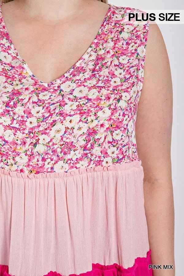 Floral Color Block Ruffle Detail Tiered V-neck Top - Passion 4 Fashion USA