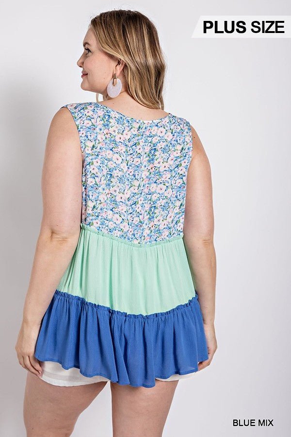 Floral Color Block Ruffle Detail Tiered V-neck Top - Passion 4 Fashion USA