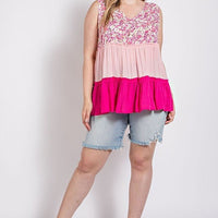 Floral Color Block Ruffle Detail Tiered V-neck Top - Passion 4 Fashion USA