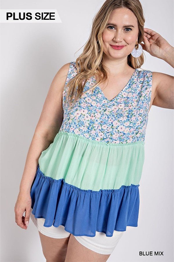 Floral Color Block Ruffle Detail Tiered V-neck Top - Passion 4 Fashion USA