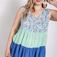 Floral Color Block Ruffle Detail Tiered V-neck Top - Passion 4 Fashion USA