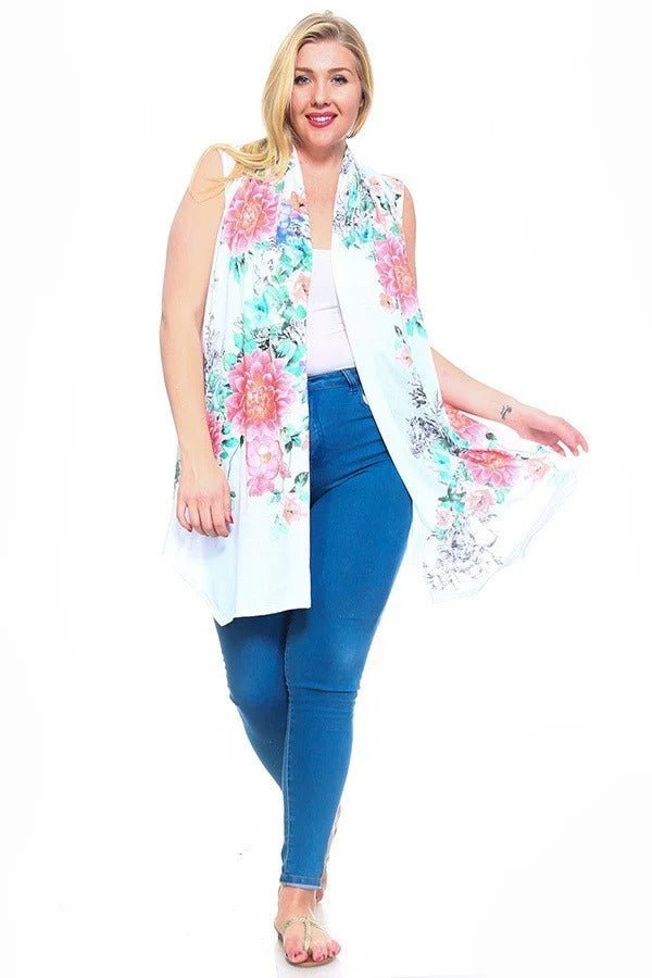 Floral Print, Open Front Vest With An Asymmetric Hem. - Passion 4 Fashion USA