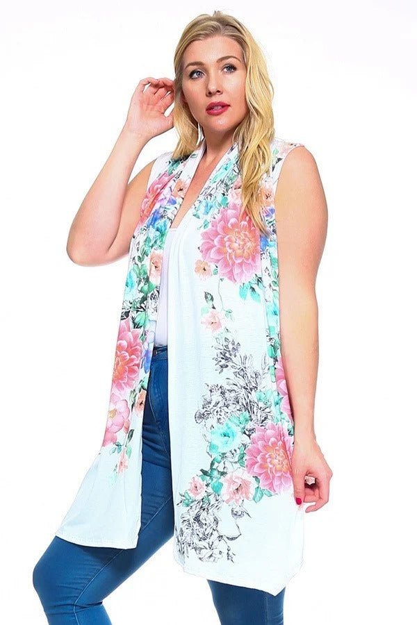Floral Print, Open Front Vest With An Asymmetric Hem. - Passion 4 Fashion USA