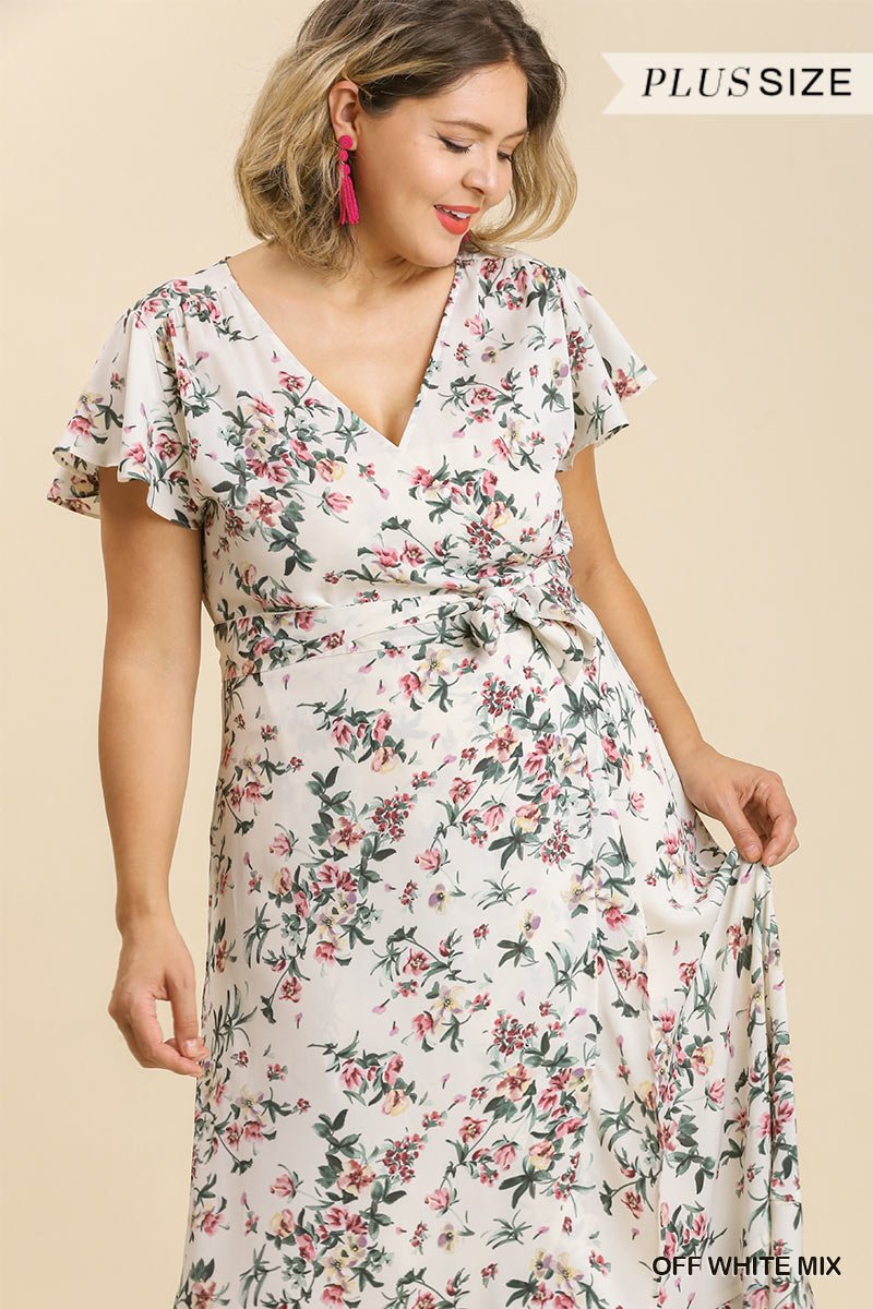 Floral Print Wrapped Short Ruffle Sleeve Maxi Dress With No Lining - Passion 4 Fashion USA