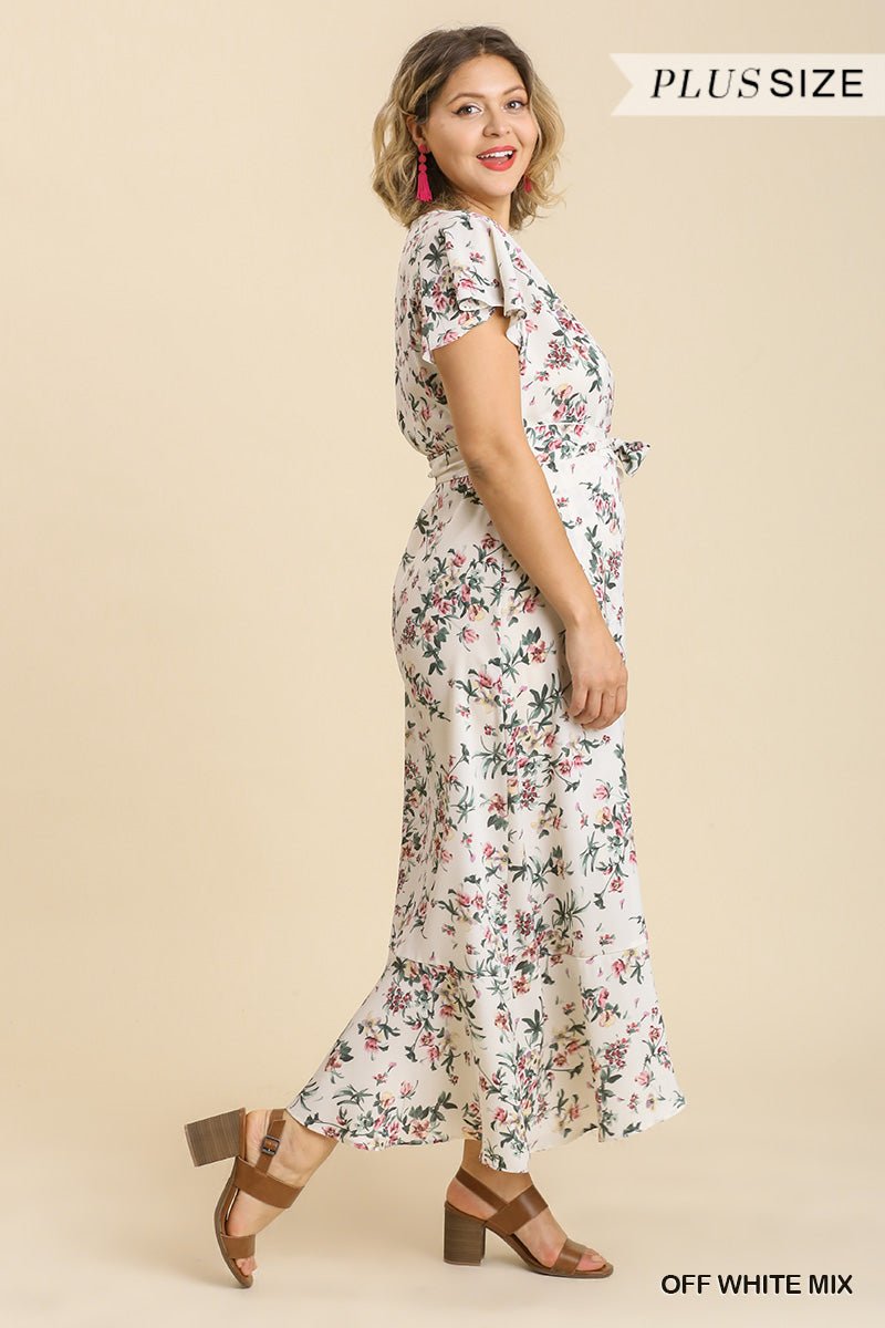 Floral Print Wrapped Short Ruffle Sleeve Maxi Dress With No Lining - Passion 4 Fashion USA