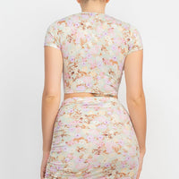 Front Knot Floral Top & Ruched Maxi Skirts Set - Passion 4 Fashion USA