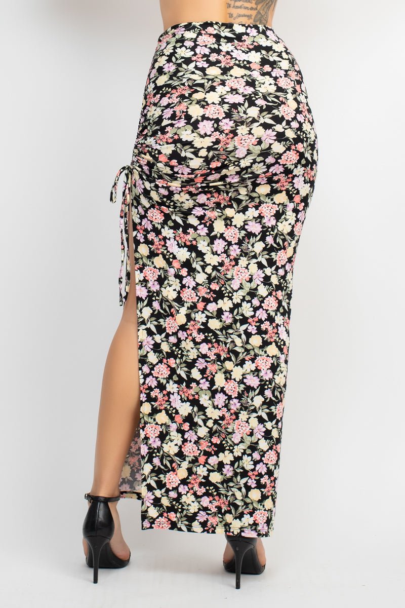 Front Knot Floral Top & Ruched Maxi Skirts Set - Passion 4 Fashion USA