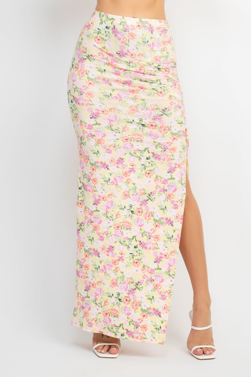 Front Knot Floral Top & Ruched Maxi Skirts Set - Passion 4 Fashion USA