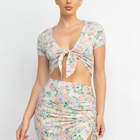 Front Knot Floral Top & Ruched Maxi Skirts Set - Passion 4 Fashion USA