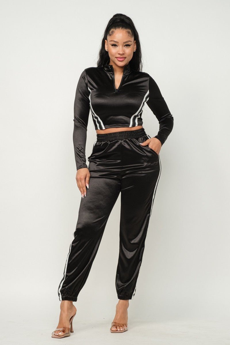 Front Zip Up Stripes Detail Jacket And Pants Set - Passion 4 Fashion USA