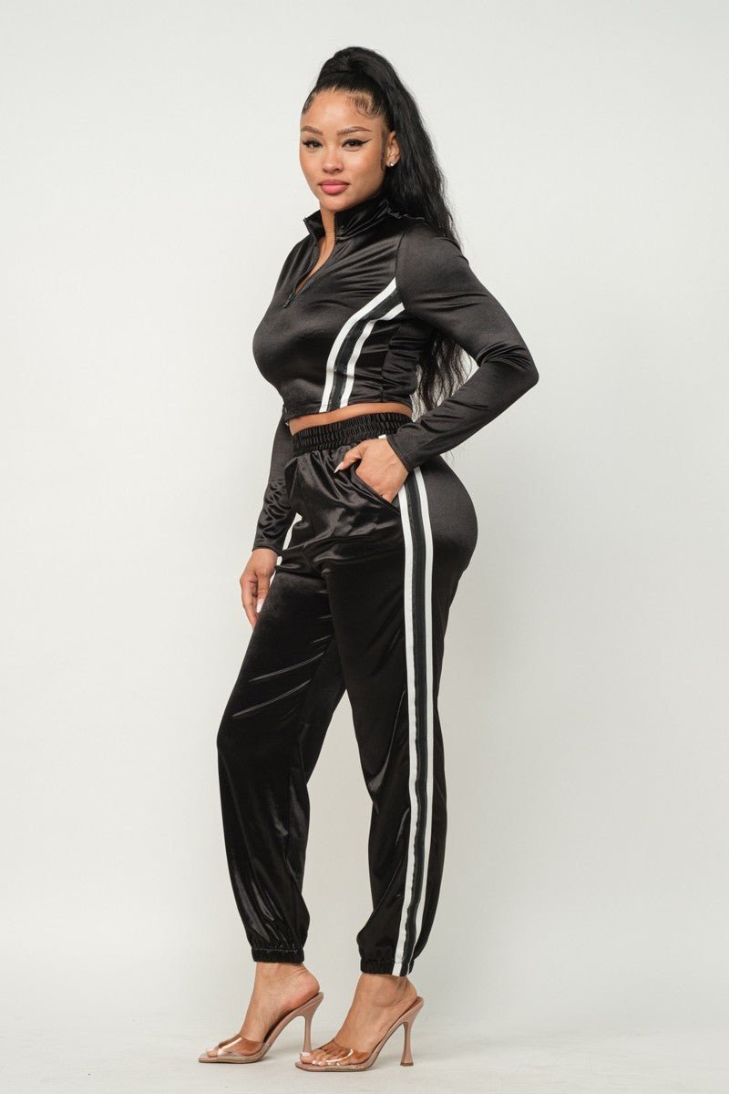 Front Zip Up Stripes Detail Jacket And Pants Set - Passion 4 Fashion USA