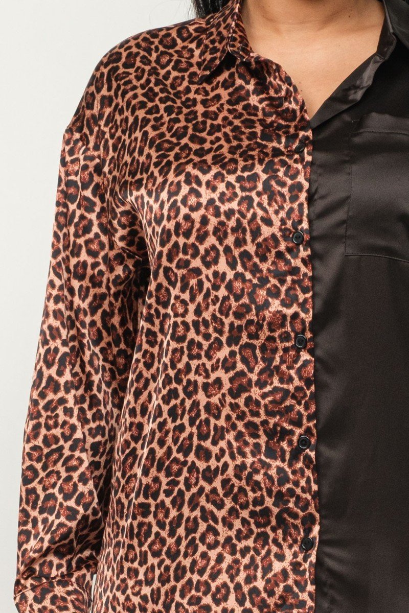 Half Animal Print And Half Solid Top And Pants Set - Passion 4 Fashion USA