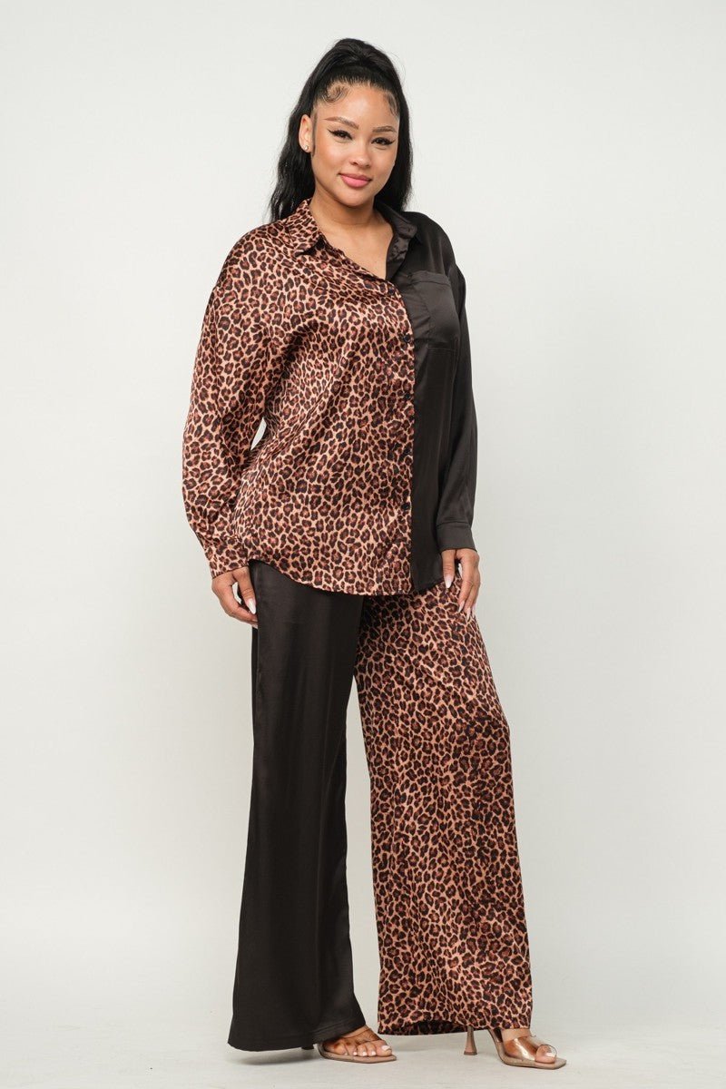 Half Animal Print And Half Solid Top And Pants Set - Passion 4 Fashion USA