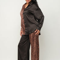 Half Animal Print And Half Solid Top And Pants Set - Passion 4 Fashion USA