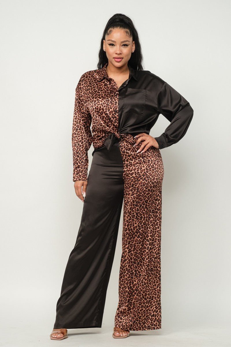 Half Animal Print And Half Solid Top And Pants Set - Passion 4 Fashion USA
