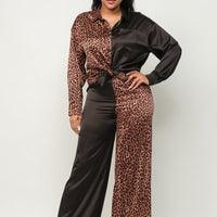 Half Animal Print And Half Solid Top And Pants Set - Passion 4 Fashion USA