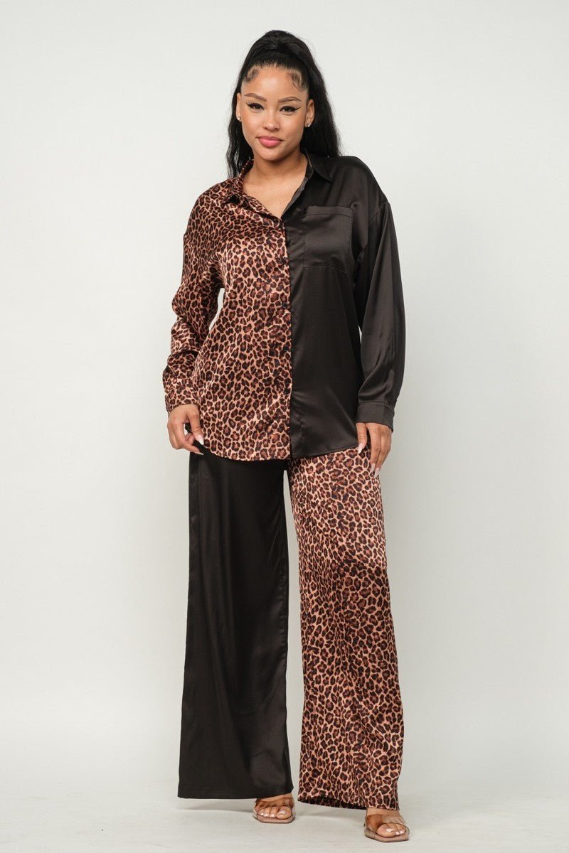 Half Animal Print And Half Solid Top And Pants Set - Passion 4 Fashion USA