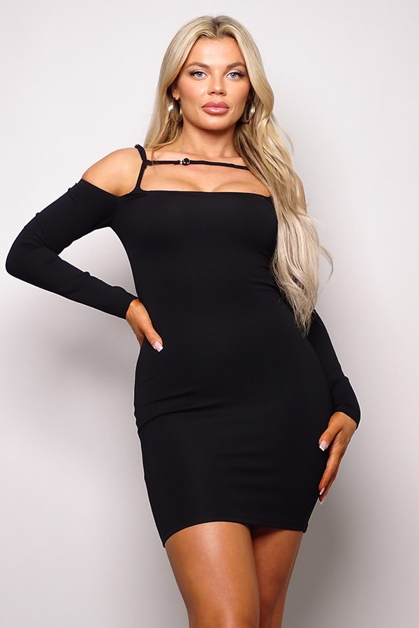 knee length dresses for ladies Long Sleeve Cuff Front Strap Mini Dress – Passion 4 Fashion USA