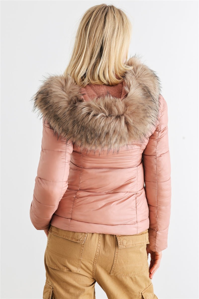 Long Sleeve Faux Fur Hood Padded Water Resistant Finish Jacket - Passion 4 Fashion USA