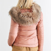 Long Sleeve Faux Fur Hood Padded Water Resistant Finish Jacket - Passion 4 Fashion USA
