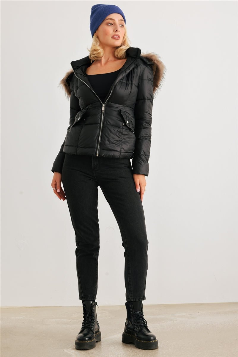 Long Sleeve Faux Fur Hood Padded Water Resistant Finish Jacket - Passion 4 Fashion USA
