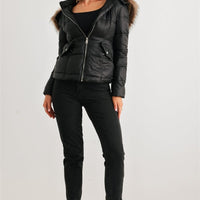 Long Sleeve Faux Fur Hood Padded Water Resistant Finish Jacket - Passion 4 Fashion USA