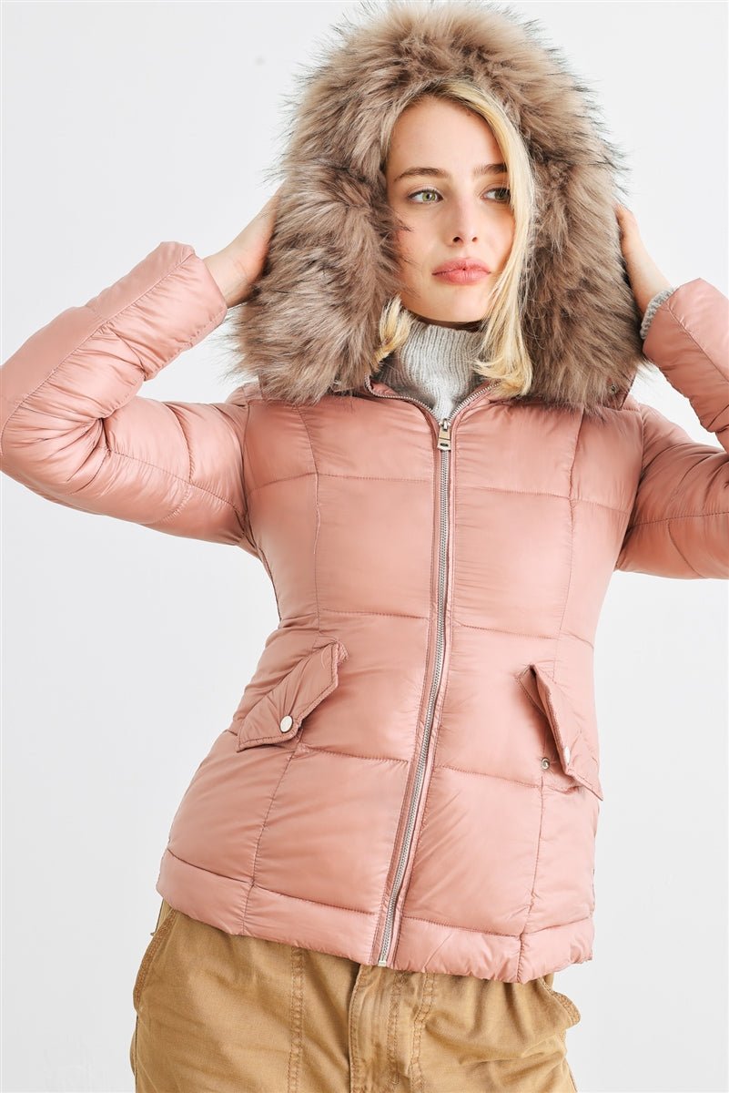 Long Sleeve Faux Fur Hood Padded Water Resistant Finish Jacket - Passion 4 Fashion USA
