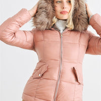 Long Sleeve Faux Fur Hood Padded Water Resistant Finish Jacket - Passion 4 Fashion USA