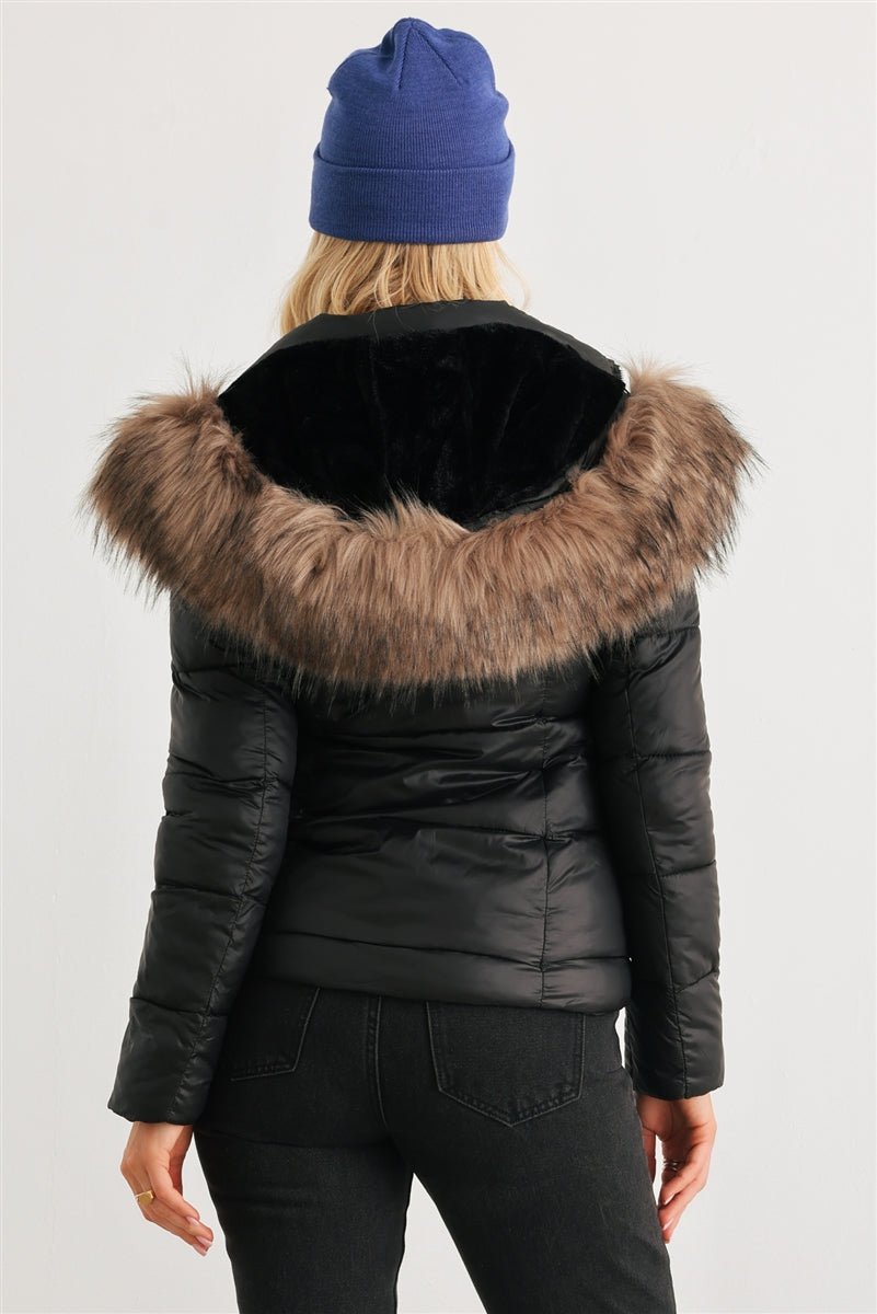 Long Sleeve Faux Fur Hood Padded Water Resistant Finish Jacket - Passion 4 Fashion USA