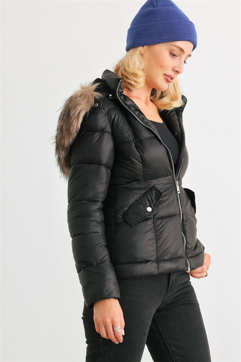 Long Sleeve Faux Fur Hood Padded Water Resistant Finish Jacket - Passion 4 Fashion USA