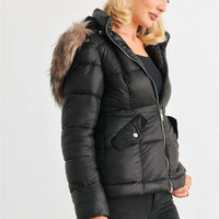 Long Sleeve Faux Fur Hood Padded Water Resistant Finish Jacket - Passion 4 Fashion USA