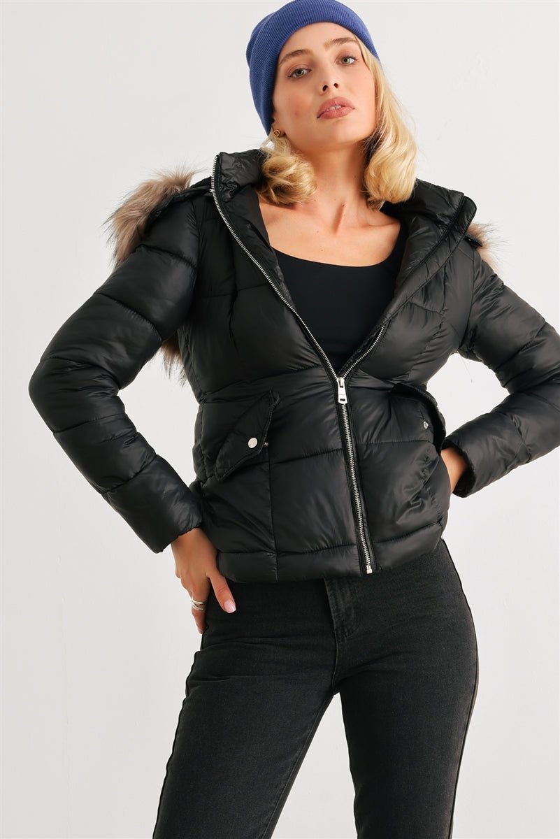 Long Sleeve Faux Fur Hood Padded Water Resistant Finish Jacket - Passion 4 Fashion USA