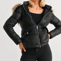 Long Sleeve Faux Fur Hood Padded Water Resistant Finish Jacket - Passion 4 Fashion USA