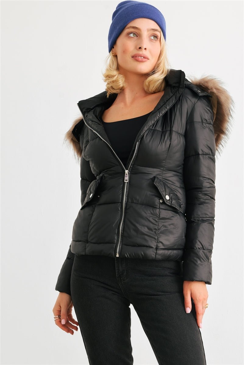 Long Sleeve Faux Fur Hood Padded Water Resistant Finish Jacket - Passion 4 Fashion USA