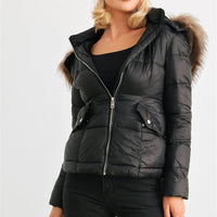 Long Sleeve Faux Fur Hood Padded Water Resistant Finish Jacket - Passion 4 Fashion USA