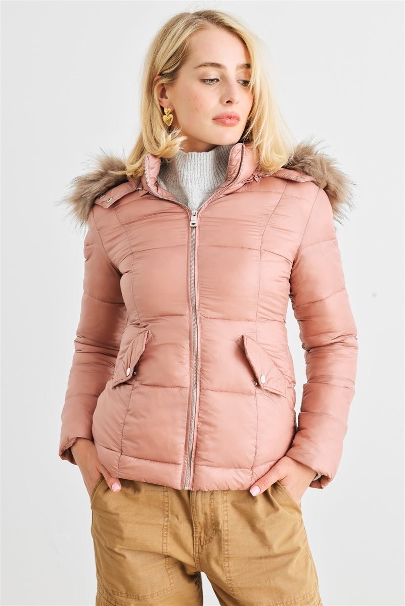 Long Sleeve Faux Fur Hood Padded Water Resistant Finish Jacket - Passion 4 Fashion USA