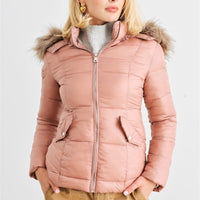 Long Sleeve Faux Fur Hood Padded Water Resistant Finish Jacket - Passion 4 Fashion USA