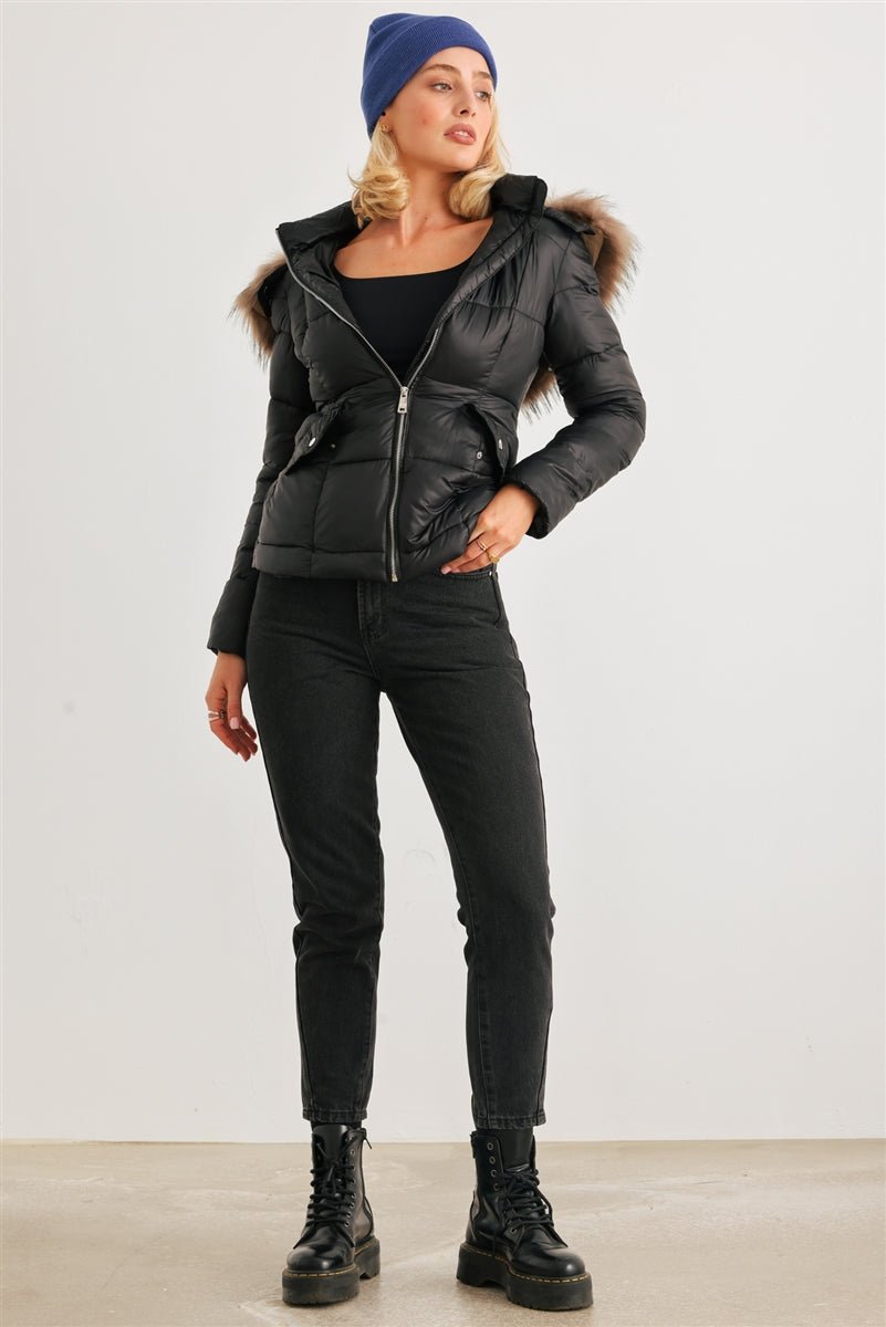 Long Sleeve Faux Fur Hood Padded Water Resistant Finish Jacket - Passion 4 Fashion USA