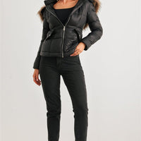 Long Sleeve Faux Fur Hood Padded Water Resistant Finish Jacket - Passion 4 Fashion USA