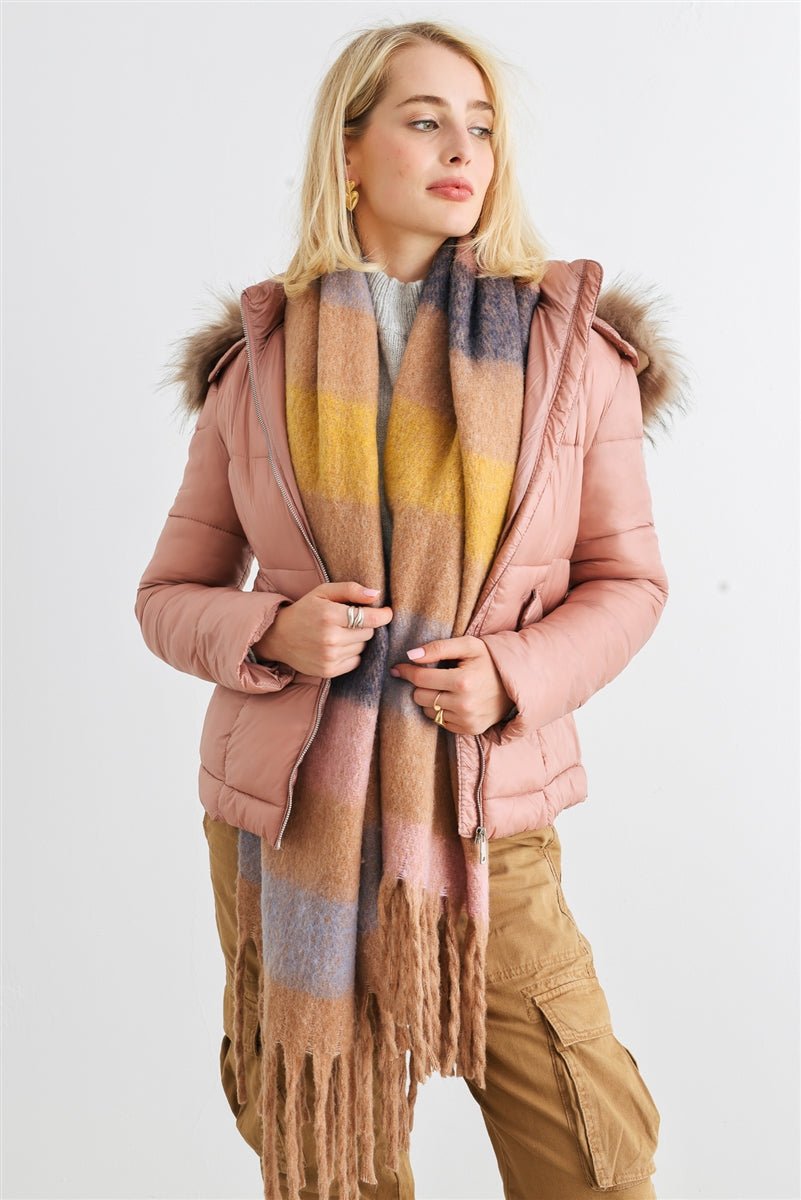 Long Sleeve Faux Fur Hood Padded Water Resistant Finish Jacket - Passion 4 Fashion USA