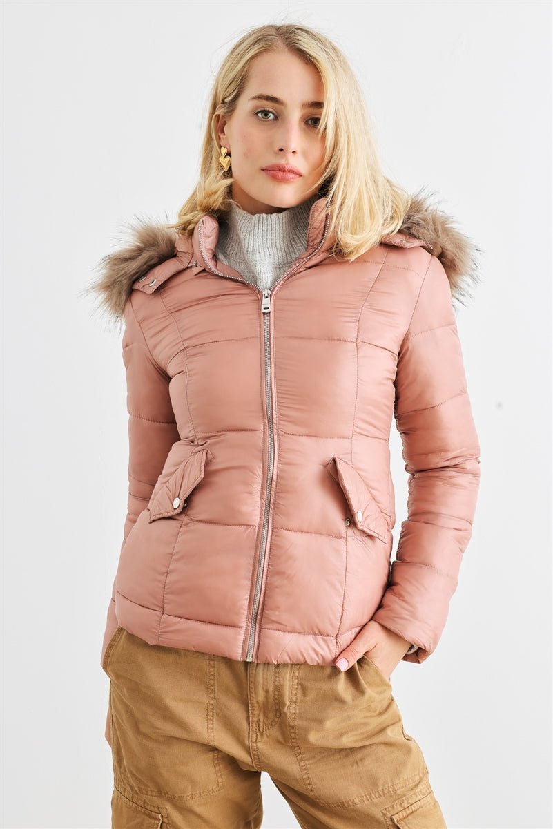 Long Sleeve Faux Fur Hood Padded Water Resistant Finish Jacket - Passion 4 Fashion USA