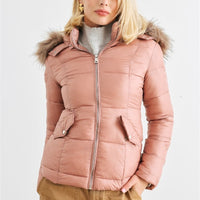 Long Sleeve Faux Fur Hood Padded Water Resistant Finish Jacket - Passion 4 Fashion USA