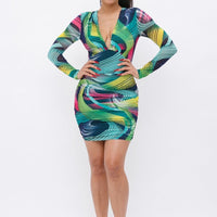 Long Sleeve Printed V-neck Dress - Passion 4 Fashion USA