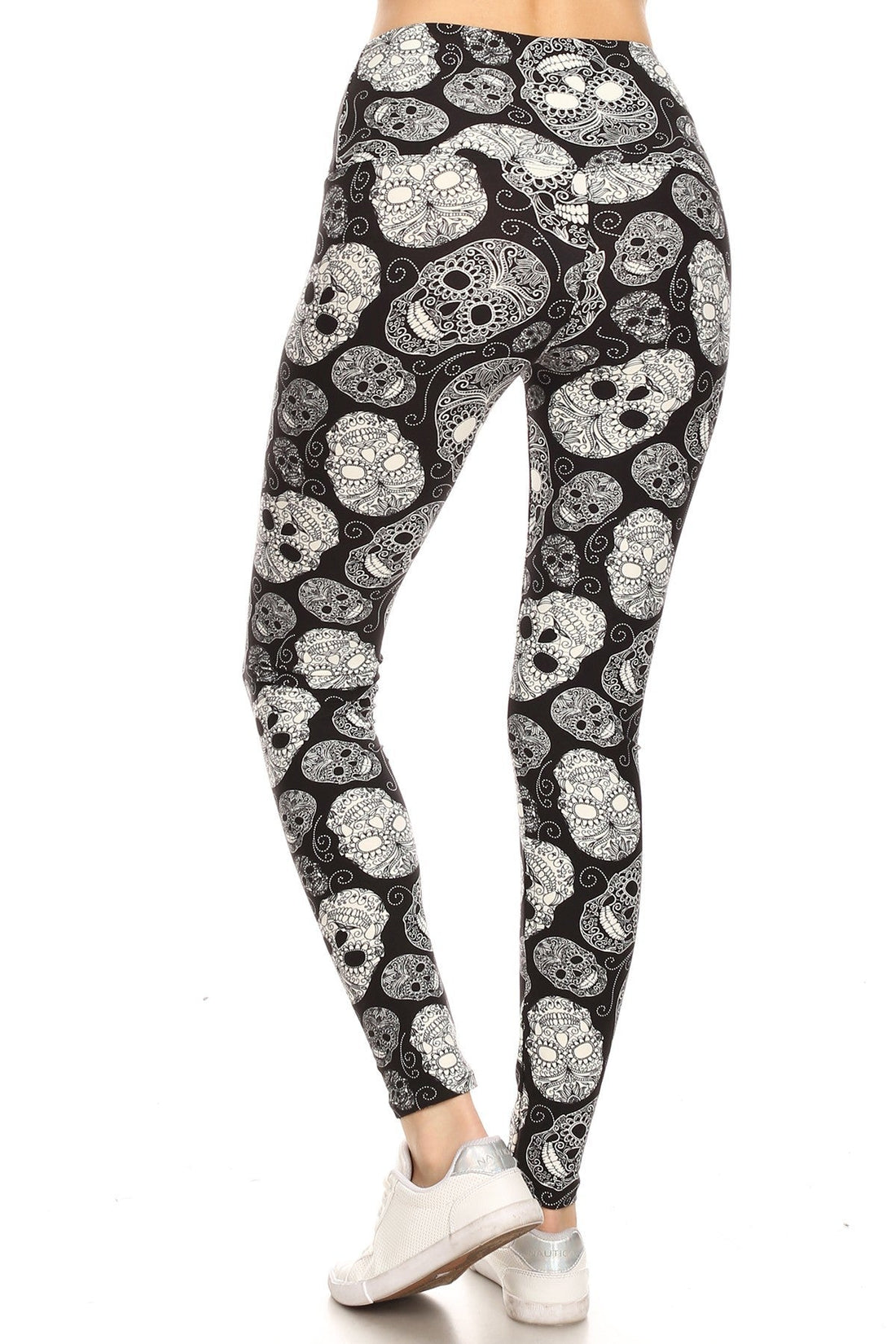 Long Yoga Style Banded Lined Skull Printed Knit Legging With High Waist - Passion 4 Fashion USA