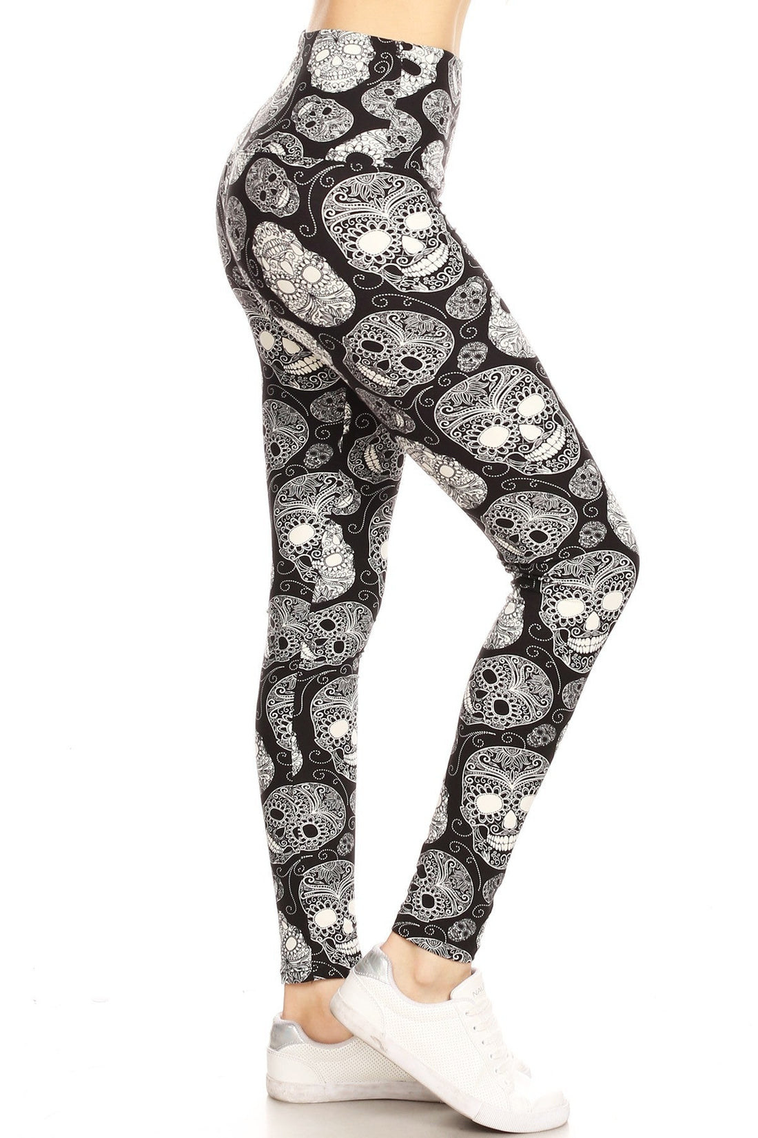 Long Yoga Style Banded Lined Skull Printed Knit Legging With High Waist - Passion 4 Fashion USA