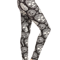 Long Yoga Style Banded Lined Skull Printed Knit Legging With High Waist - Passion 4 Fashion USA